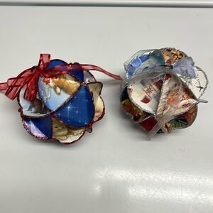 Recycled Christmas Cards Handmade Ornaments Set of two- Diameter 4”